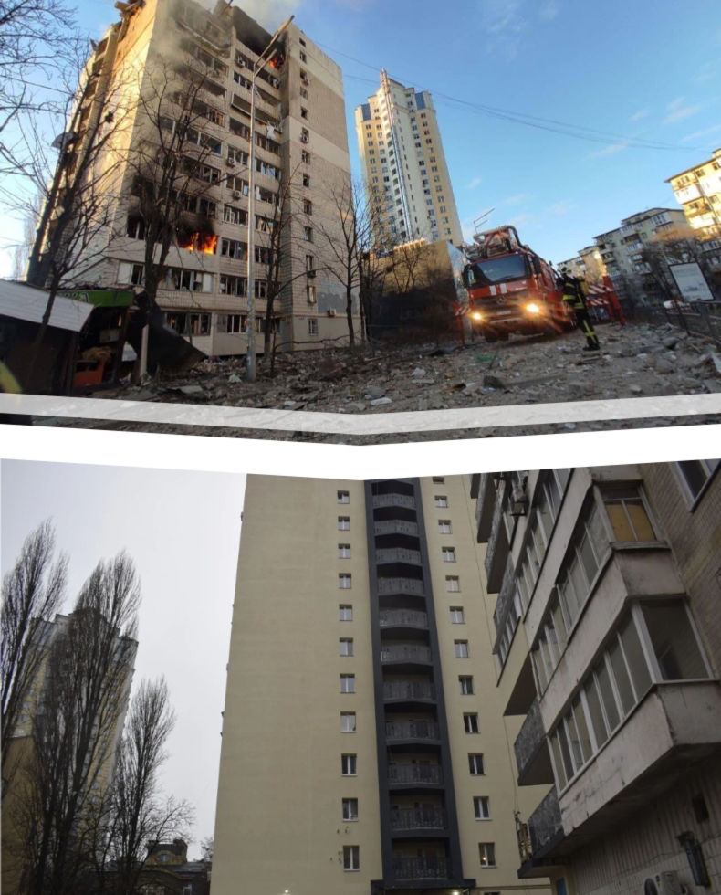 Обвал на верхніх поверхах 12-поверхівки після влучання уламків снаряда